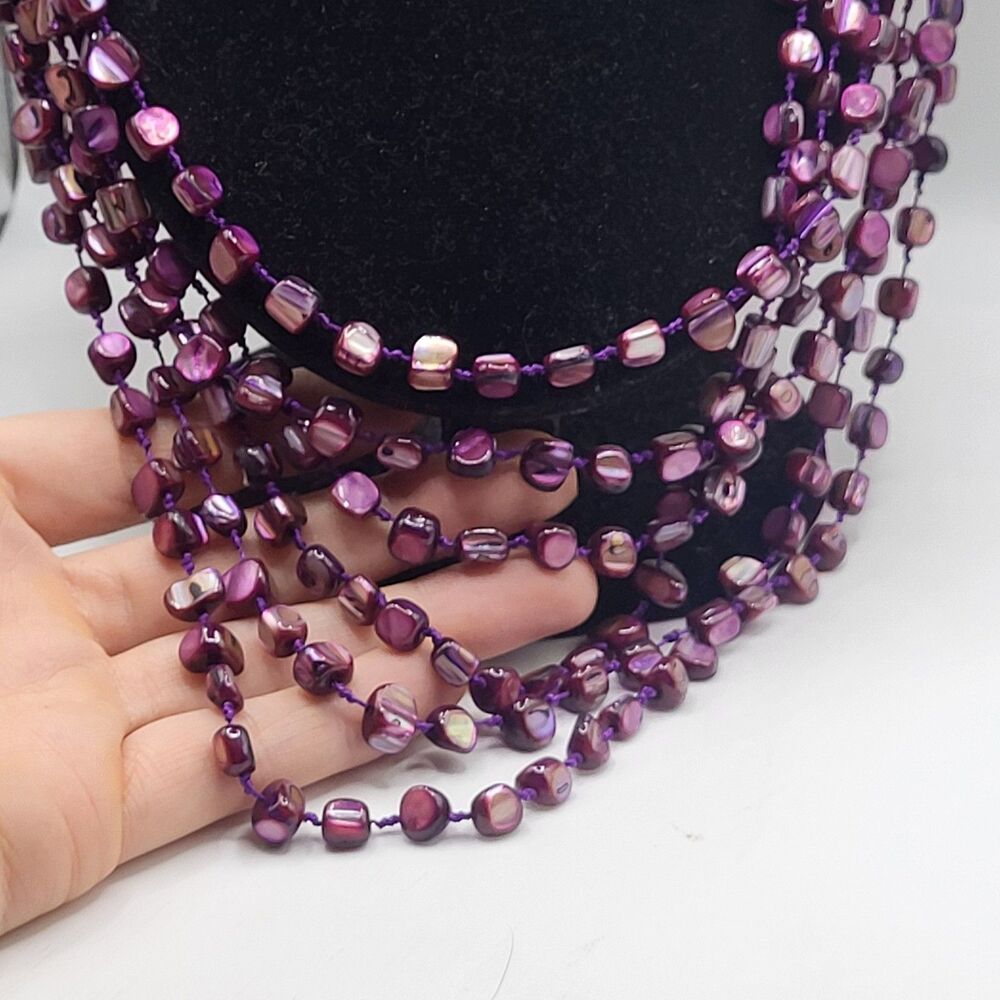 Purple Mother of Pearl Shell Necklace Multi Strand Chunky Boho Statement 26in